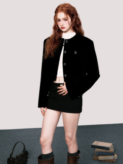 Velvet No-Collar Short Jacket