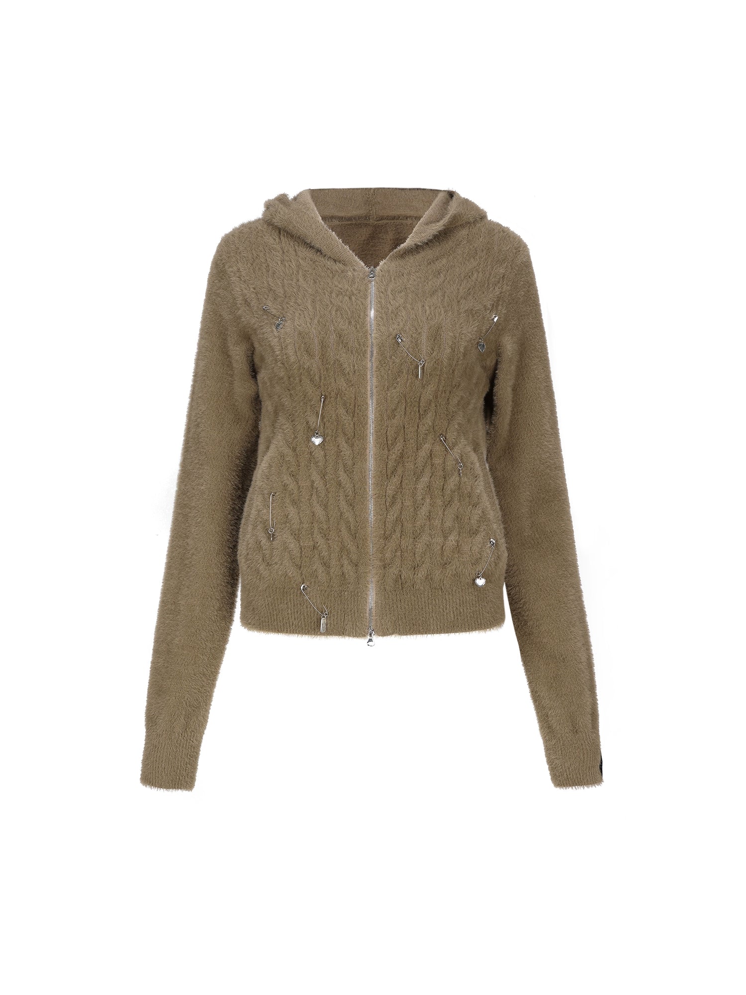 Pin Accent Hooded ZIP-Up Knitted Cardigan