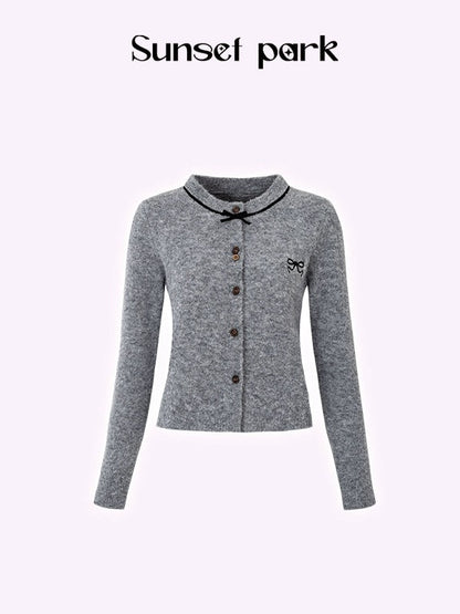 Embroidered Bow College Slim Knitted Cardigan