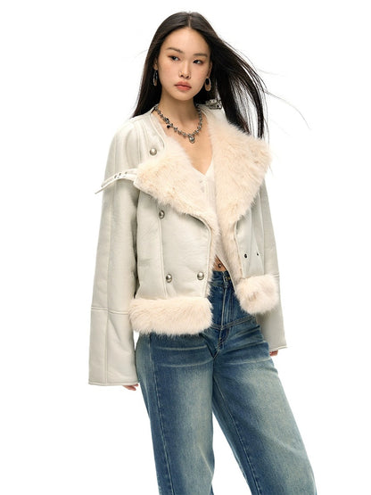 Large Lapel Eco-friendly Fur Leather Jacket