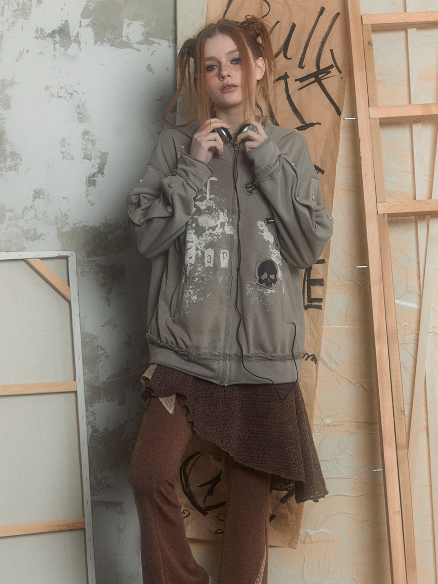 Print Collage Design Grey Loose Hotted Parka