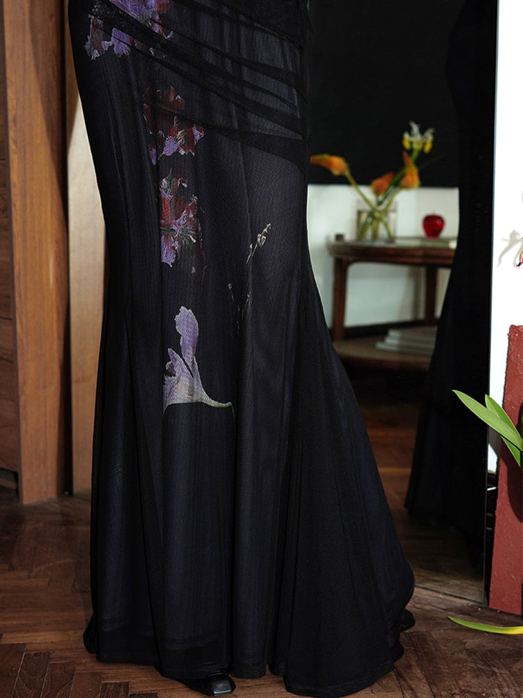 Chinese Style Print Slim Mesh Long Strapless Dress