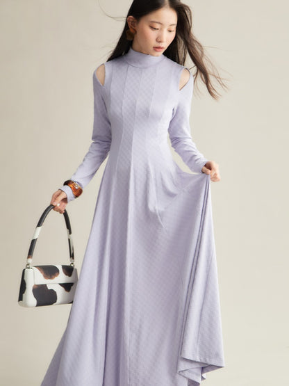 Square Plaid Half High Collar Hollow Long Dress