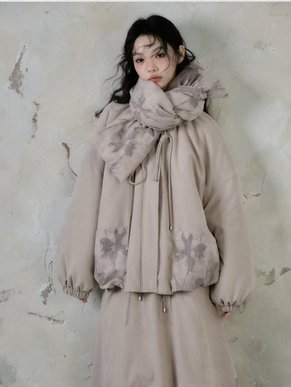 Floating Flower Shadow Printed Loose Padded Jacket &amp; Muffler