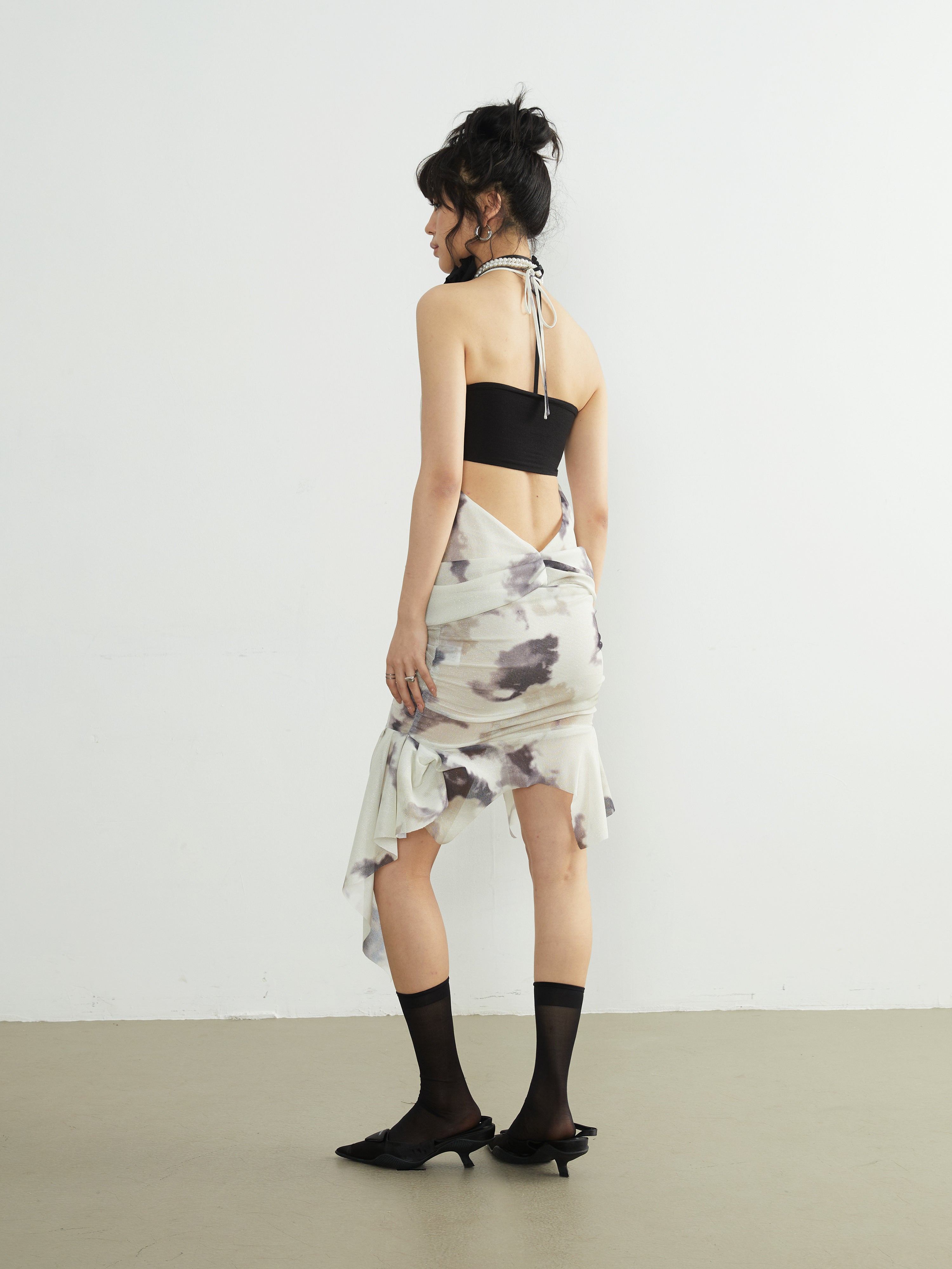 Open Back Printed Knitted Suspender Dress