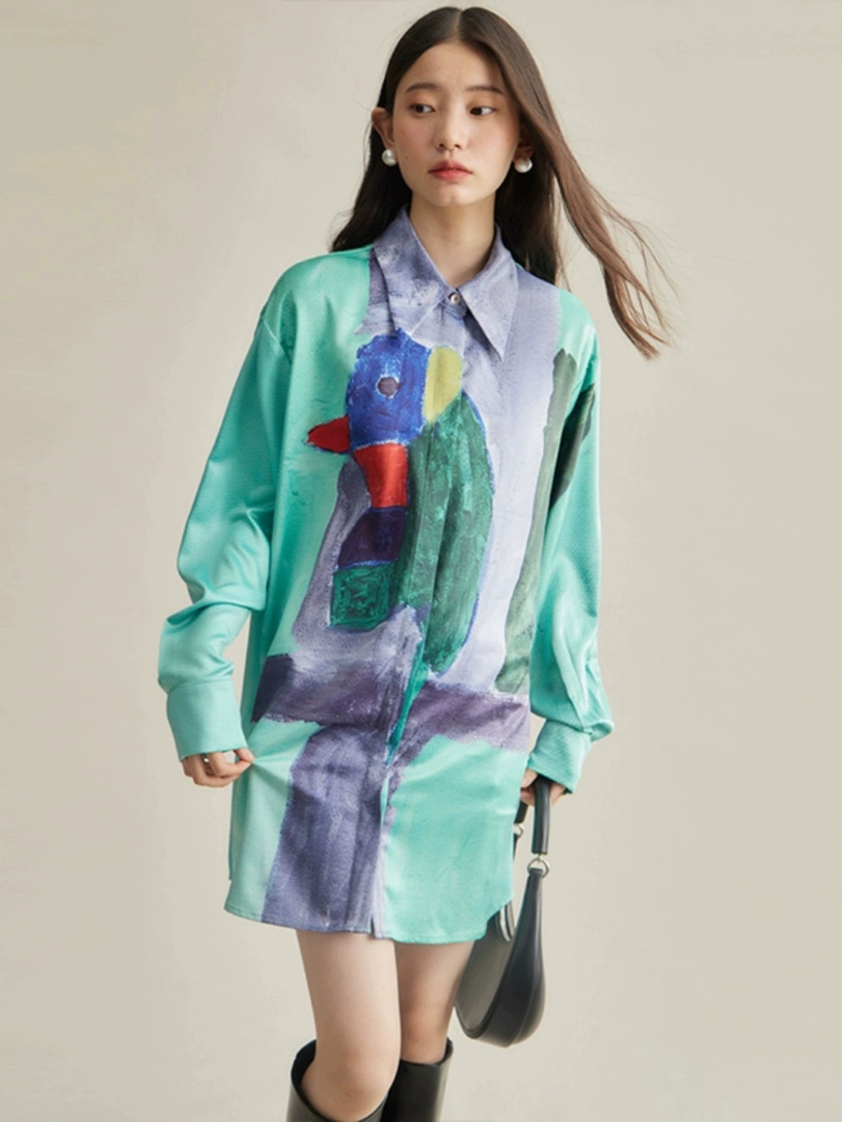 Parrot Artistic Printed Loose Long-sleeved Shirt