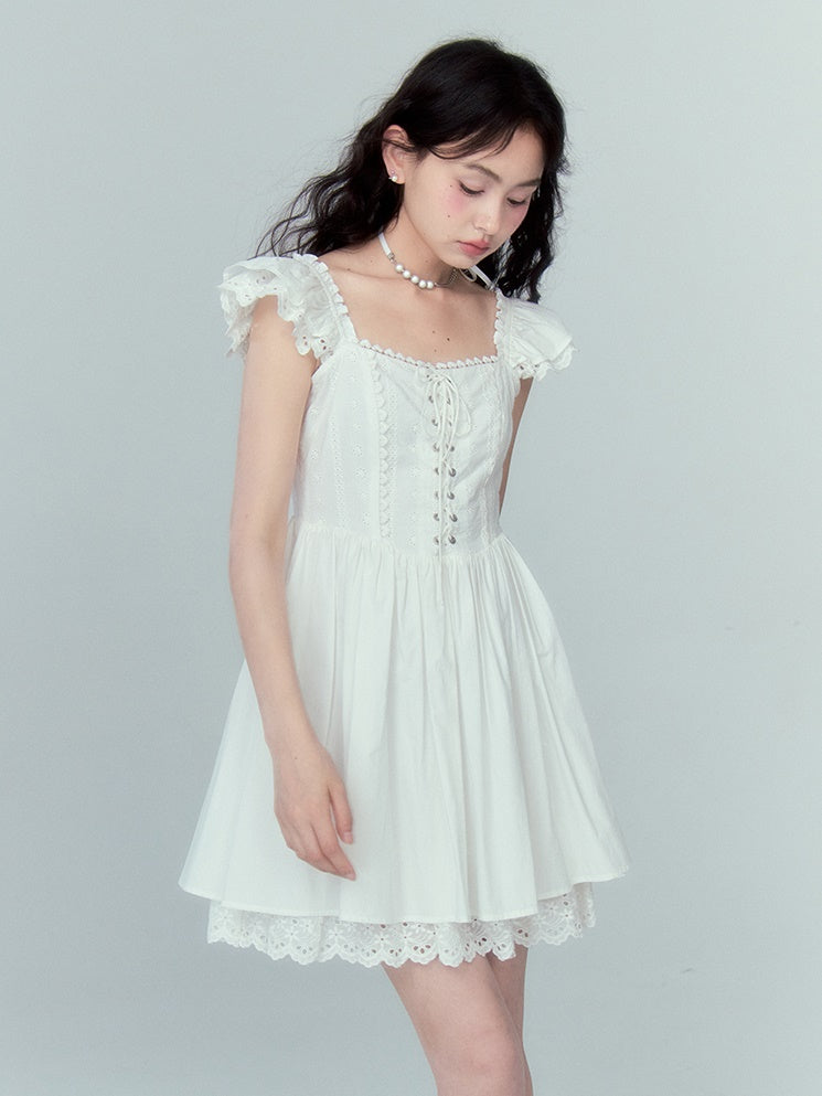 Stitching Lace Jacquard Flying Sleeve Dress