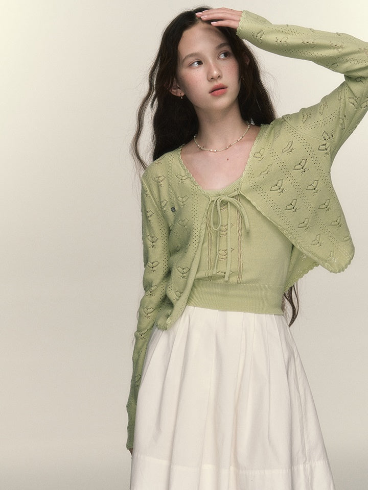 Hollow Heart Knitted Cardigan ＆ Camisole Set-up