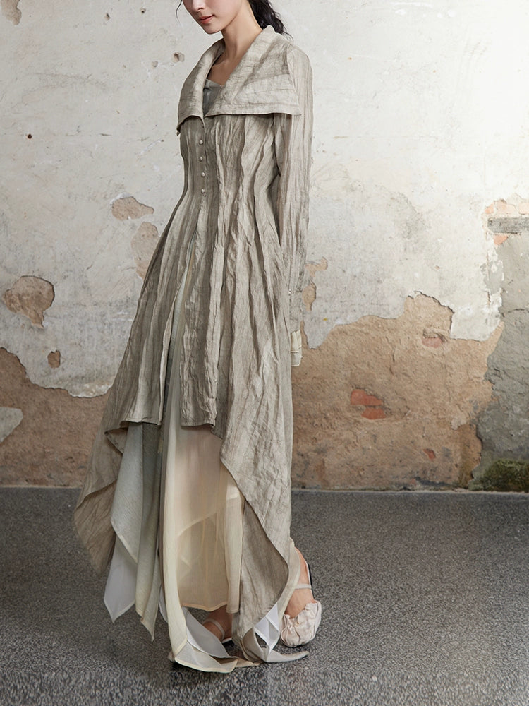 Plant-dyed Pleated Textured Lapel Long Coat