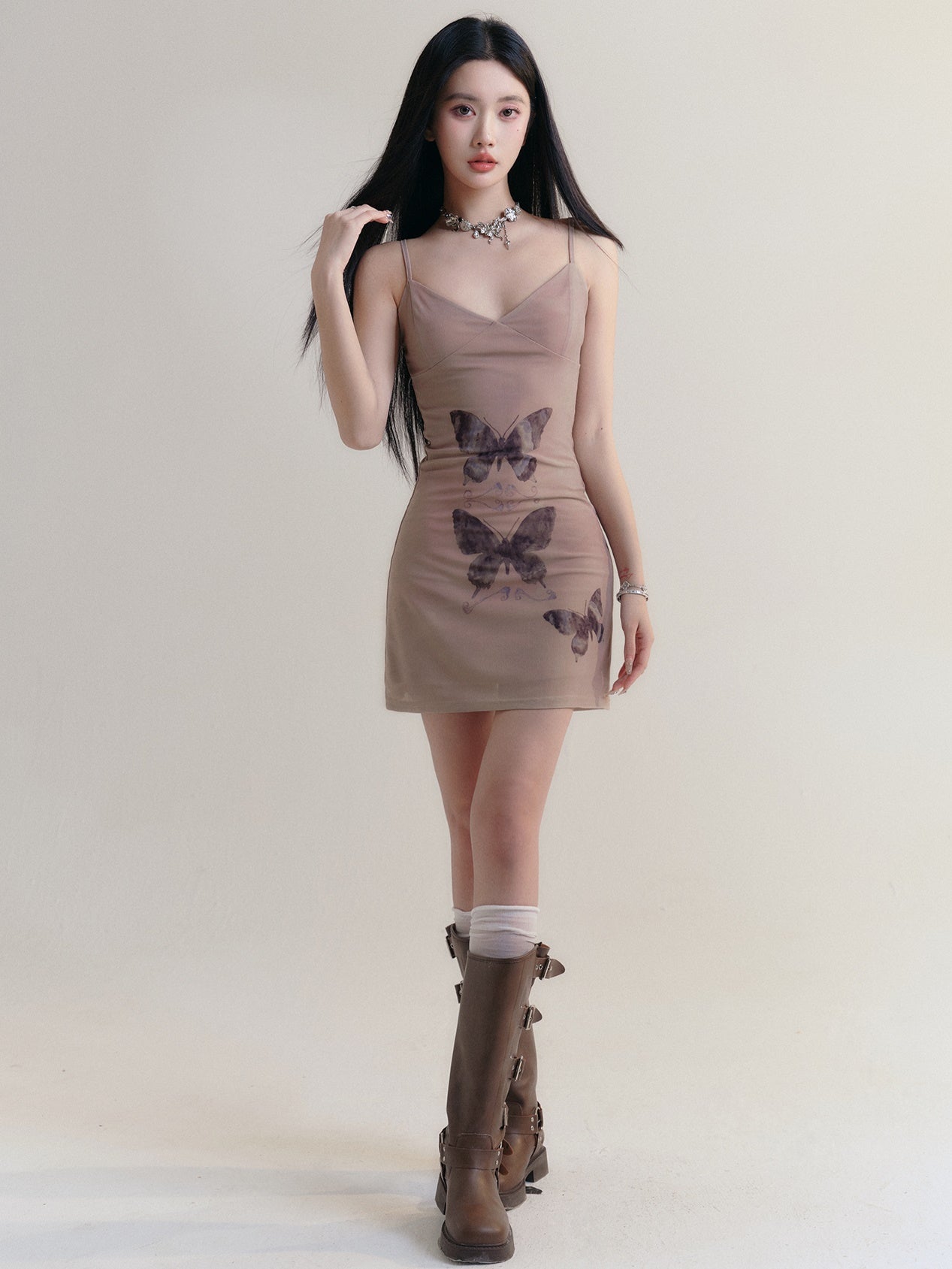 Butterfly Print Suspender Slimming Dress