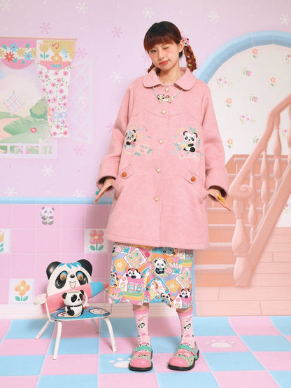 Panda Embroidered Doll Collar Mid-length Coat