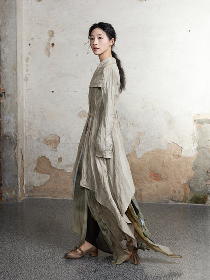 Plant-dyed Pleated Textured Lapel Long Coat