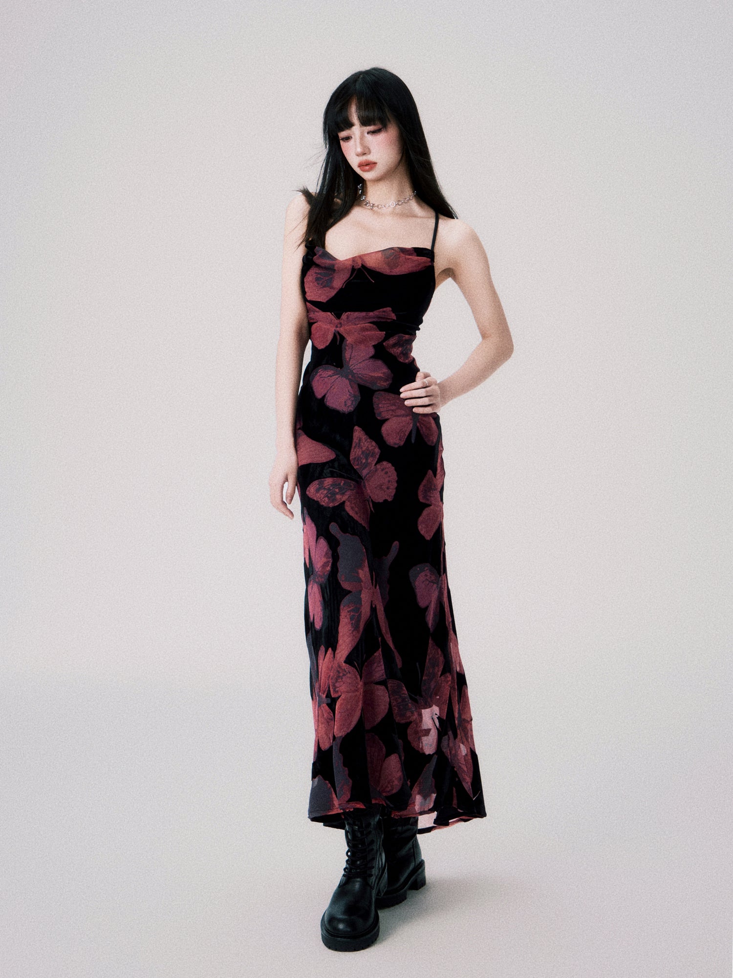 Velvet Butterfly Swing Collar Backless Strap Dress