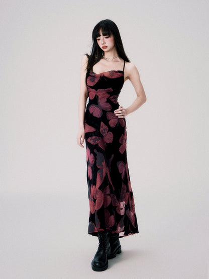 Velvet Butterfly Swing Collar Backless Strap Dress