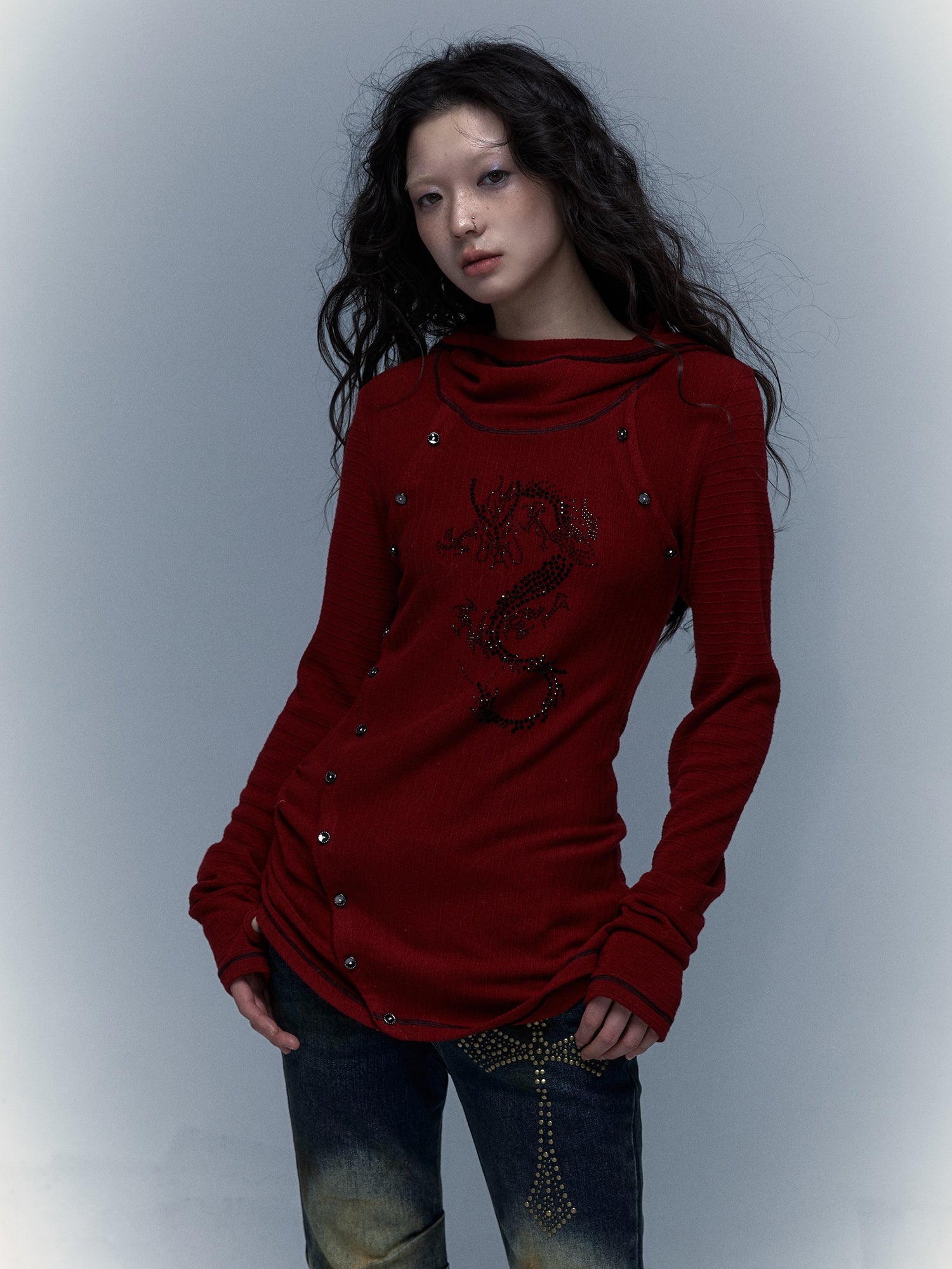 Rhinestone Hooded Slim Stretch T-shirt