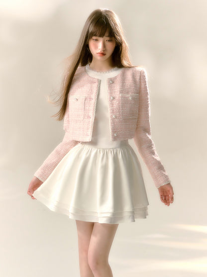 Fine Glitter Girly Pearl Lace Straight Braided Short Jacket