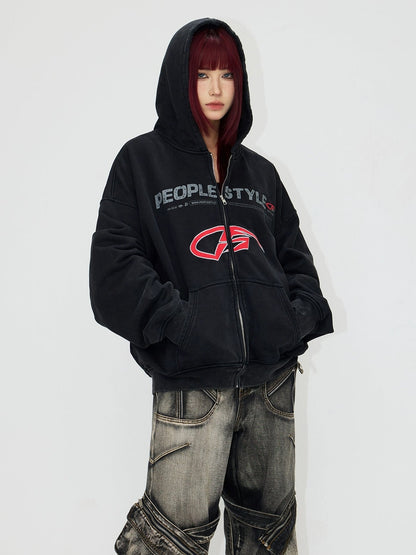 Embroidery Heavy Washed ZIP-Up Hoodie