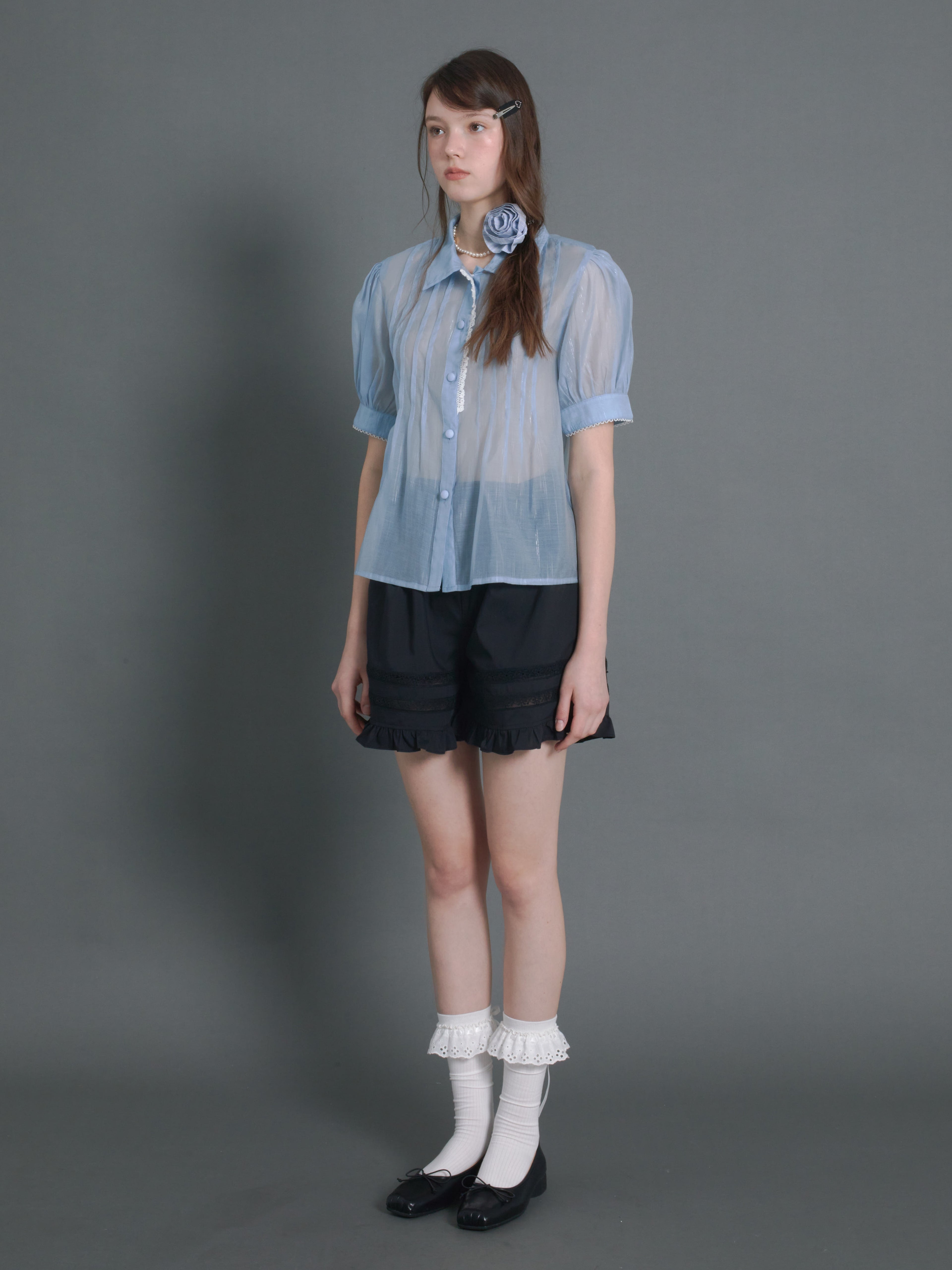 Pin Tuck Puff Sleeve Sheer Blue Shirt