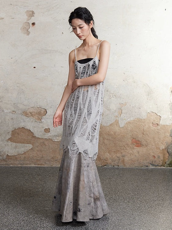 Plant-dyed Mermaid Long Skirt &amp; Hollow Knitted Long Camisole