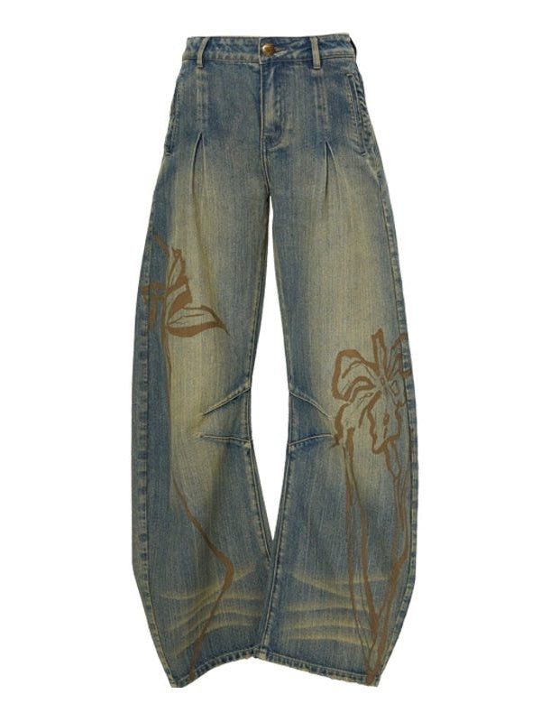 Distressed Printed Curvedl Machete Denim Pants