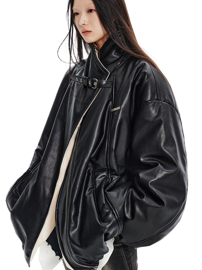 Oversize Silhouette Velvet Lined PU Leather Jacket