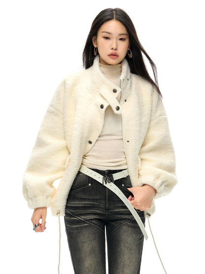 Drawstring Hem High-neck Bouclé Jacket