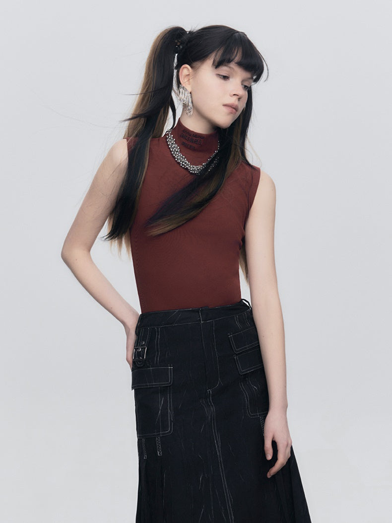 High Collar Elastic Embroidery Sleeveless Top