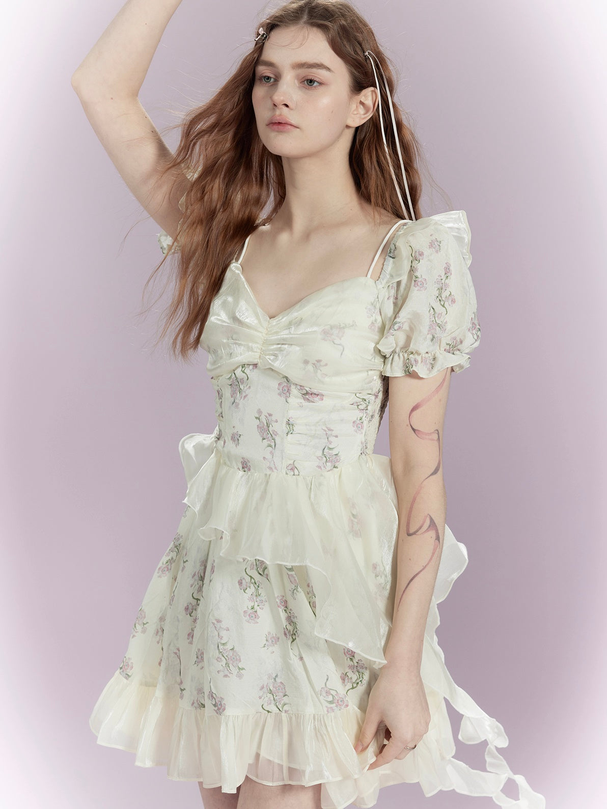 Floral Gloss Puff Sleeves Wrap Dress