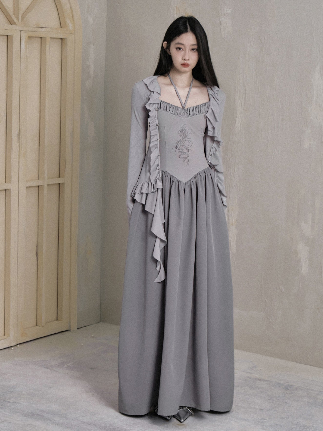 Double Strap Chinese Embroidery Long Gather Dress