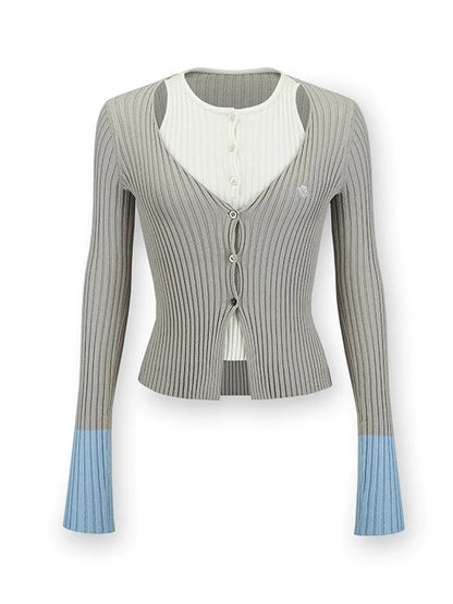 Fake Layered Double Placket Knitted Cardigan