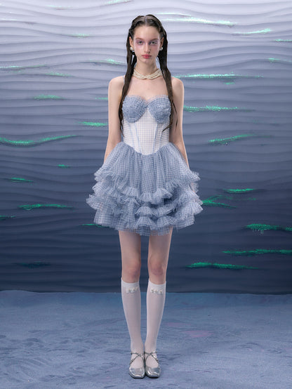 Plaid Mesh Tutu Suspender Dress &amp; Lace Pearl Corset