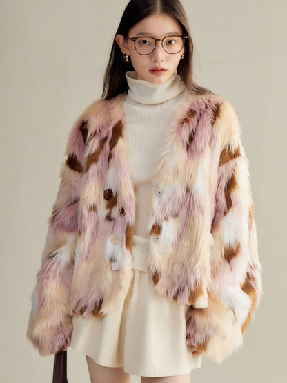 Contrast Color Eco-friendly Fur Short Furry Coat