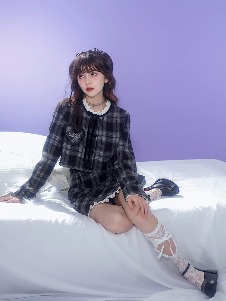 Checkered Lace Stitch No-Collar Jacket ＆ A-Line Skirt