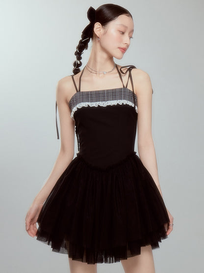 Grid Stitch Lace Embroidered Suspender Dress