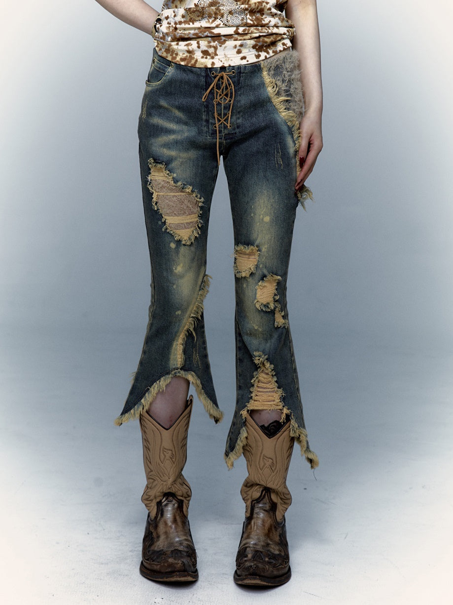 Patchwork Lace Ripped Washed Distressed Cropped Flared Denim Pants