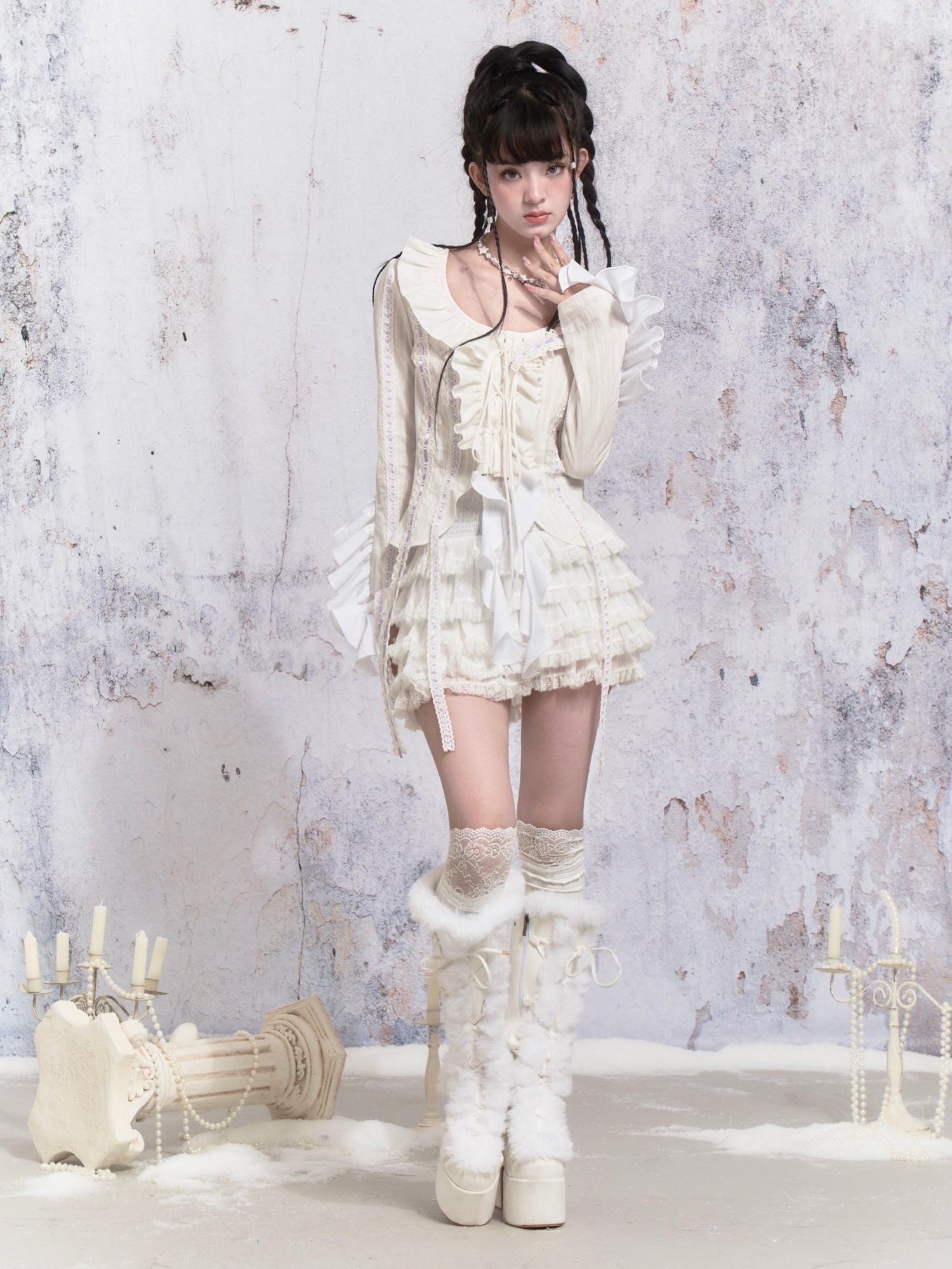 Ruffle Lace Strap Short Cardigan