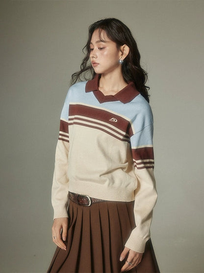 College Style Polo Collar Contrast Border Top