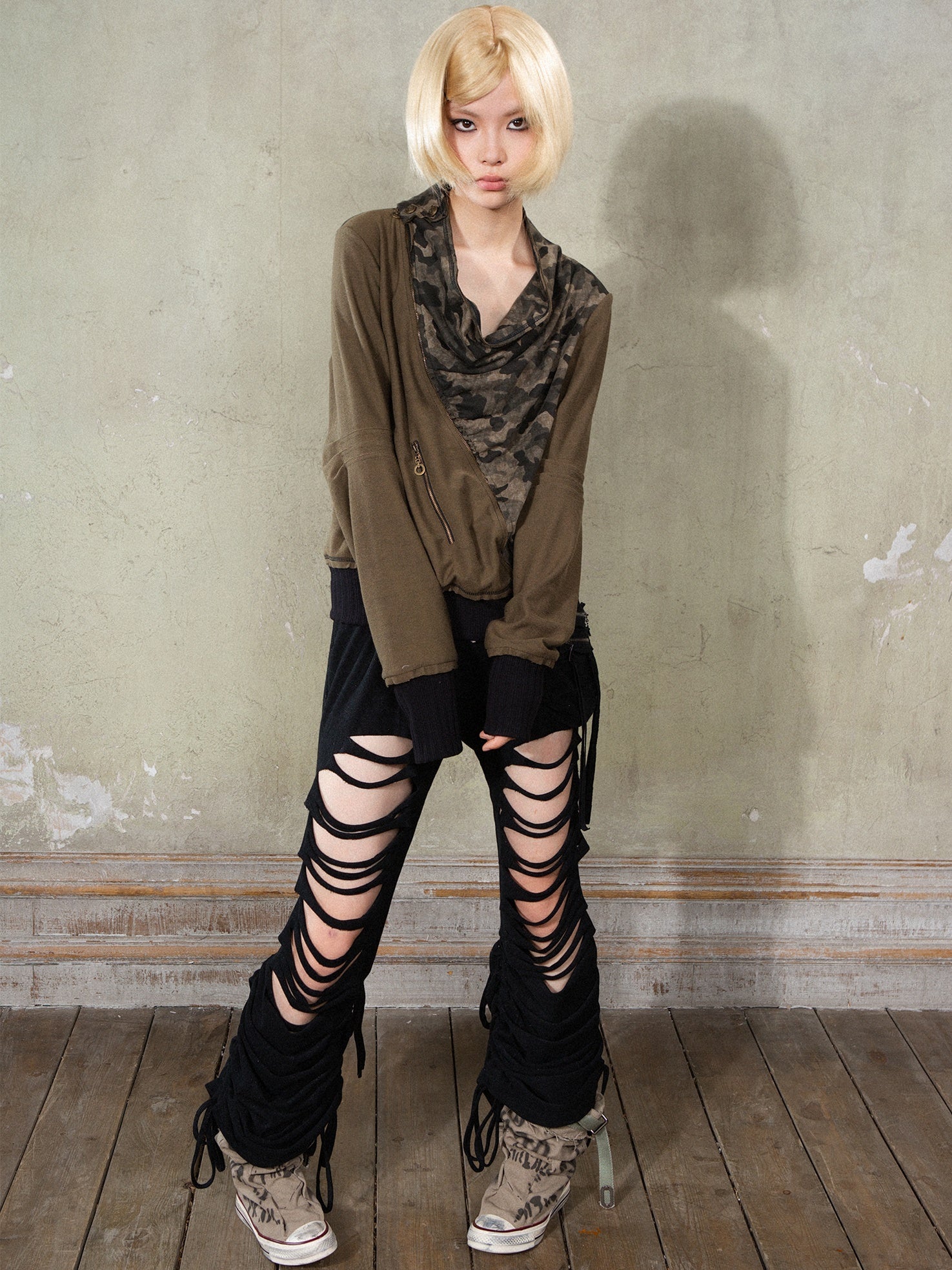 Asymmetric Camouflage Splicing Swing Collar ZIP Cardigan