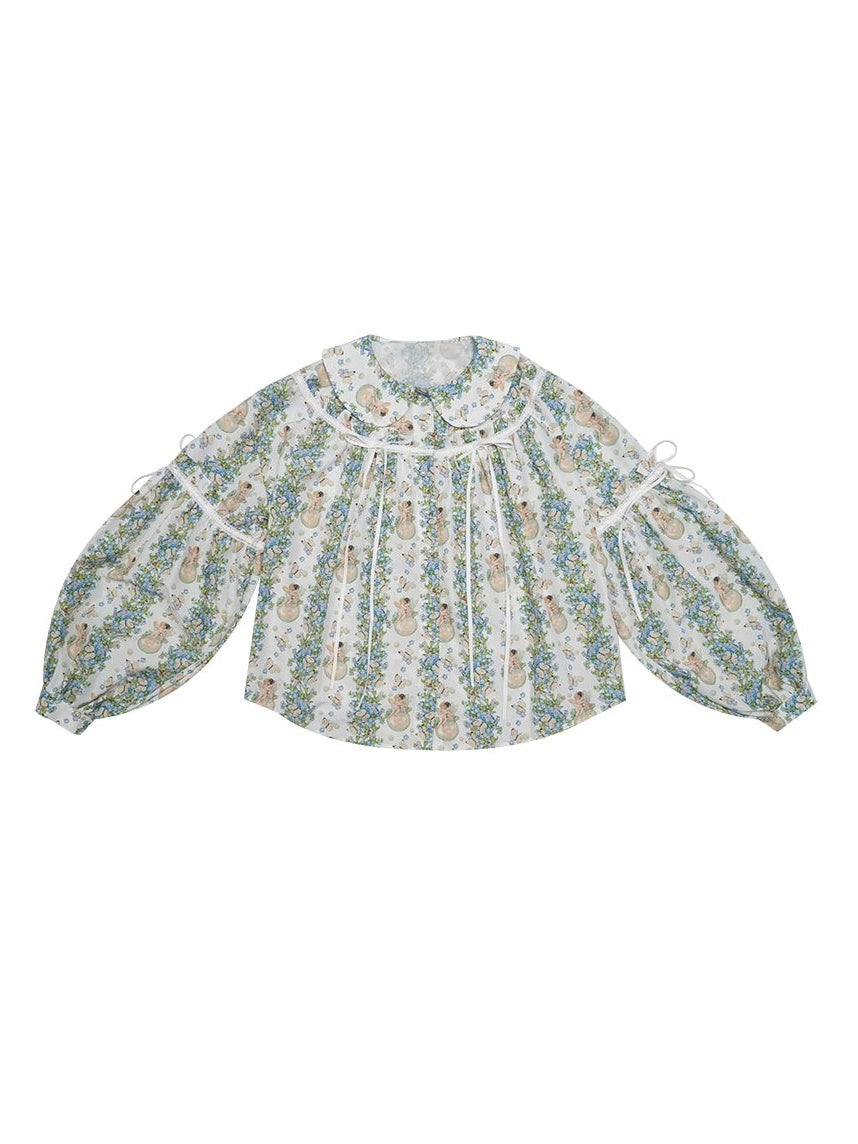 Angel Print Bow Puff Sleeve Loose Shirt