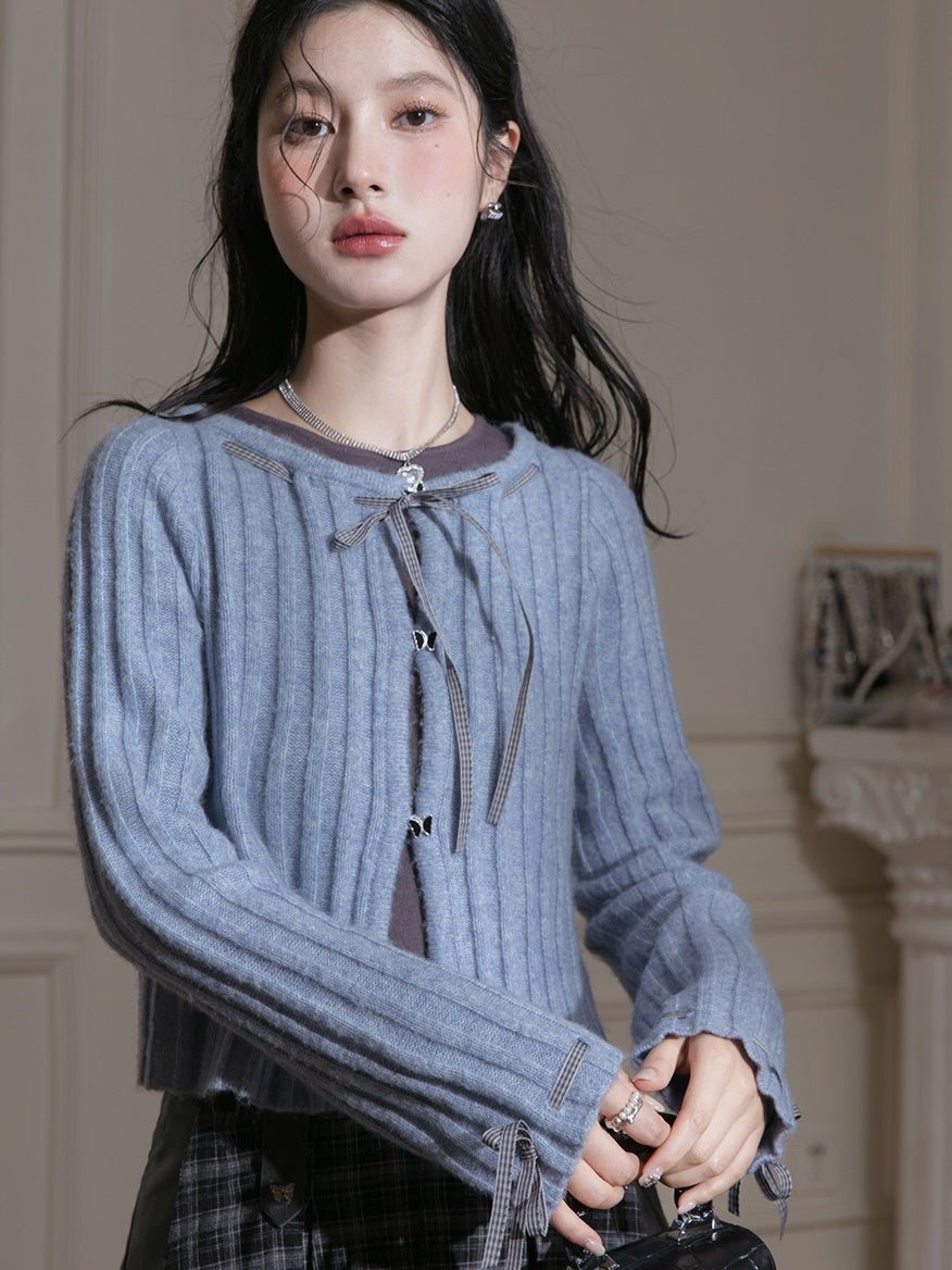 Butterfly Shadow Ribbon Woolen Cardigan &amp; Sleeveless Top Set-up