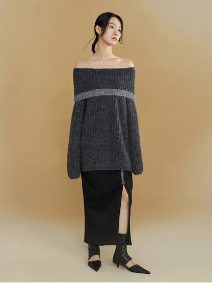 Large Lapel Contrasting Off-Shoulder Sweater