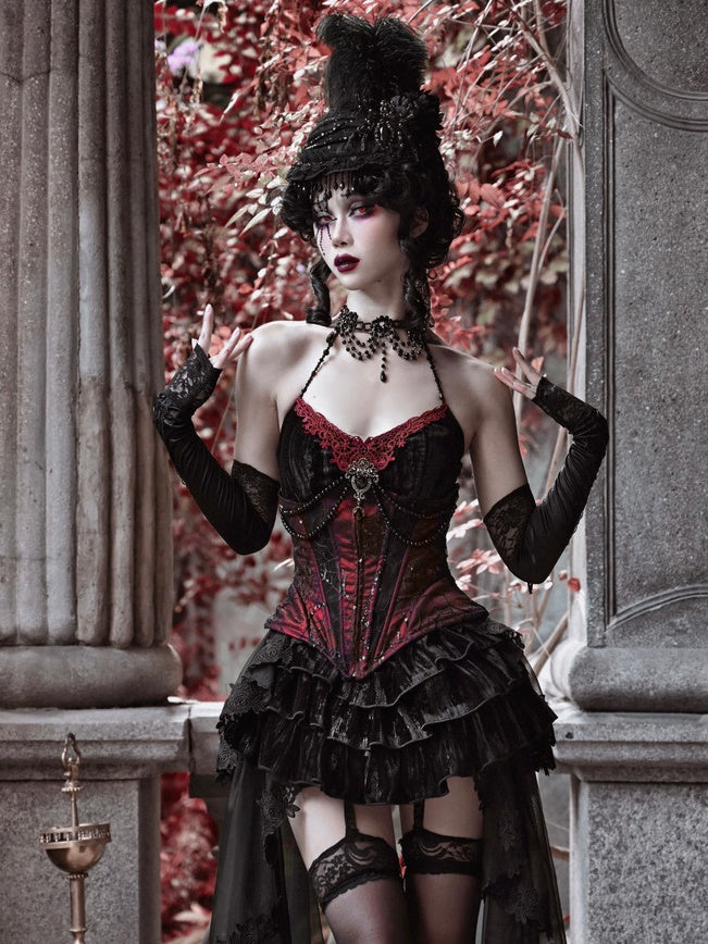 Gothic Velvet Fishbone Corset &amp; Bead Decoration Camisole &amp; Tulle Lace Velvet Skirt