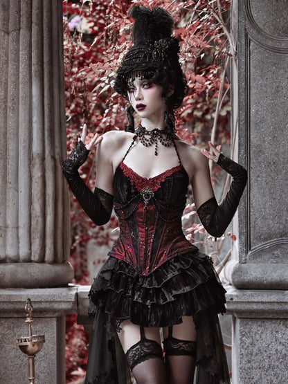 Gothic Velvet Fishbone Corset &amp; Bel Decoration Camisole &amp; Tulle en dentelle en velours jupe