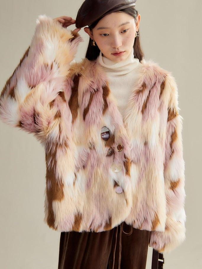 Contrast Color Eco-friendly Fur Short Furry Coat