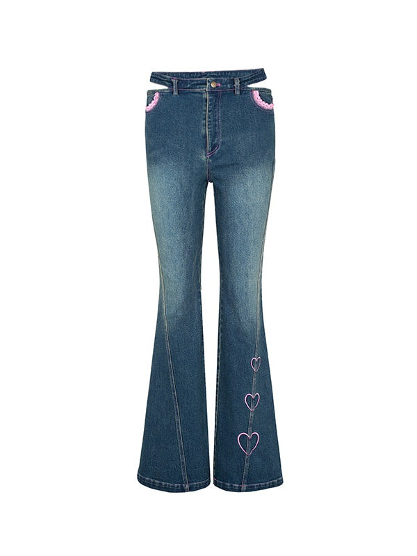 Embroidered Denim Micro Flared Trousers &amp; Strap Vest