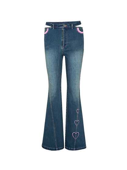 Gestickte Denim Micro Flared Hosen &amp; Gurtweste