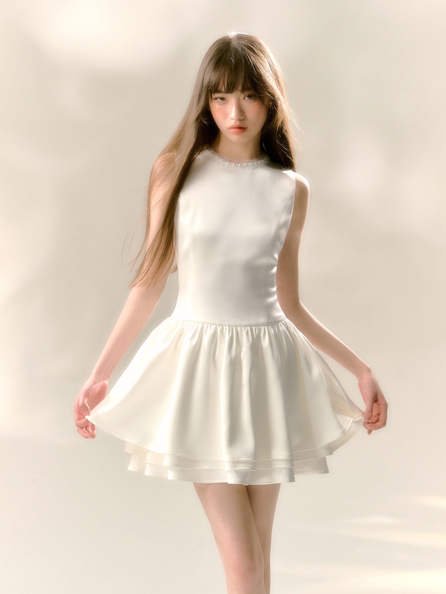 Pearl Collar Three-layer Sleeveless Dress