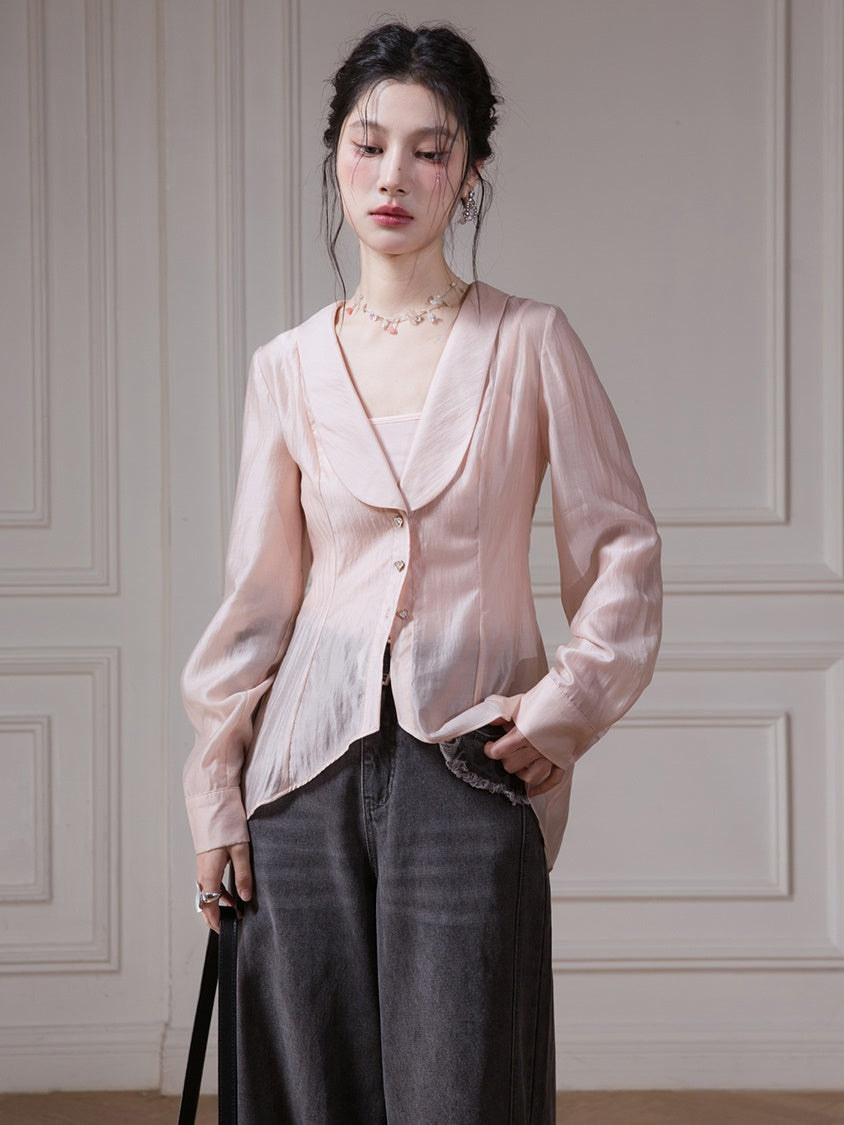 U-neck Shawl Collar Transparent Fishtail Shirt With Camisole