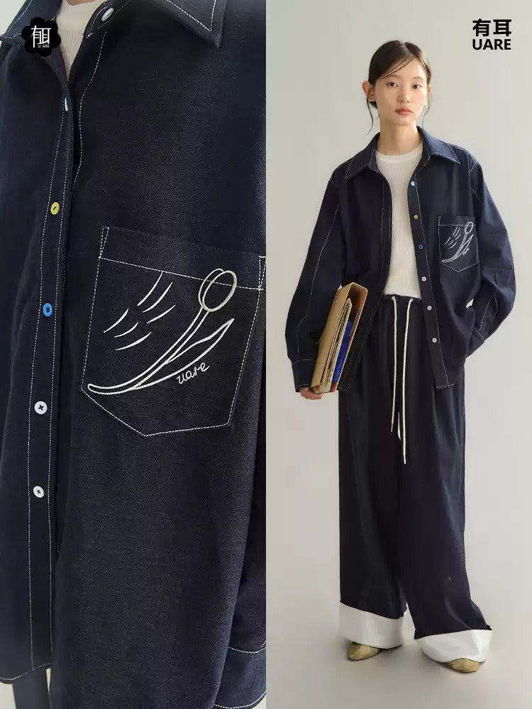 Set-Up Bi-Color Denim Casual Embroidery Elastic-Waist Shirt＆Wide-Pants