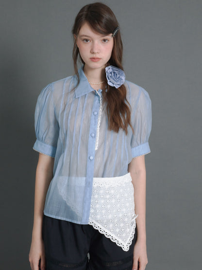 Pin Tuck Puff Sleeve Sheer Blue Shirt